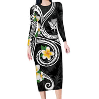 Kanaka Maoli Hawaii Plumeria Long Sleeve Bodycon Dress Dancing Tentacles Black Style LT7 Long Dress Black - Polynesian Pride