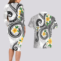 Kanaka Maoli Hawaii Plumeria Couples Matching Long Sleeve Bodycon Dress and Hawaiian Shirt Dancing Tentacles White Style
