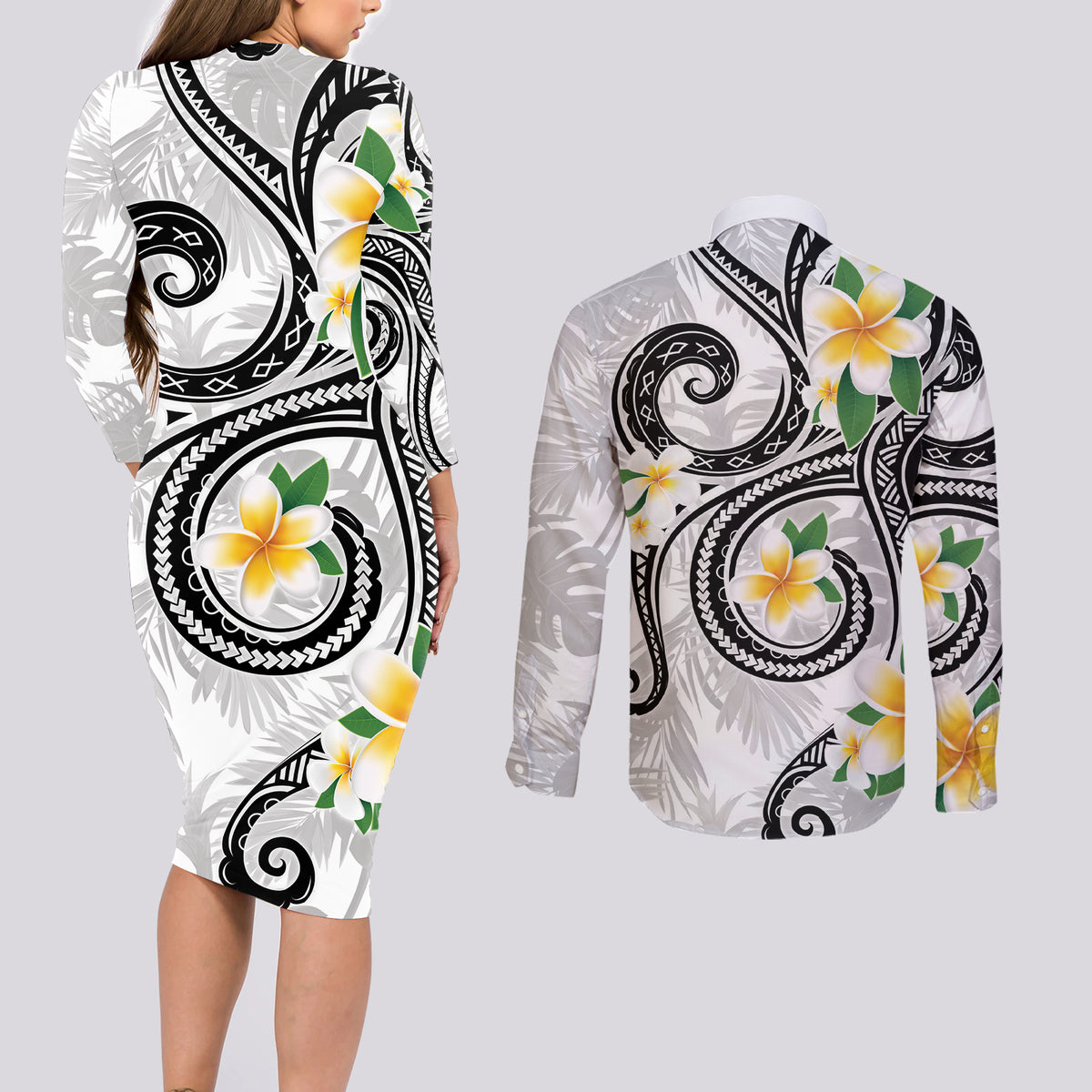 Kanaka Maoli Hawaii Plumeria Couples Matching Long Sleeve Bodycon Dress and Long Sleeve Button Shirt Dancing Tentacles White Style LT7 - Polynesian Pride