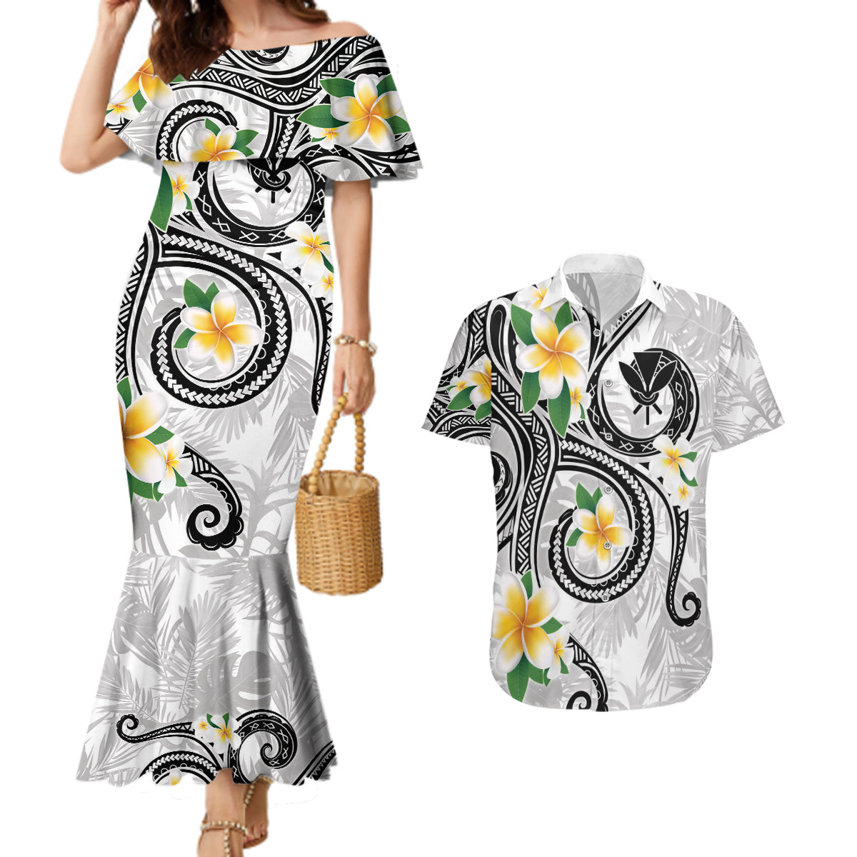 Kanaka Maoli Hawaii Plumeria Couples Matching Mermaid Dress and Hawaiian Shirt Dancing Tentacles White Style