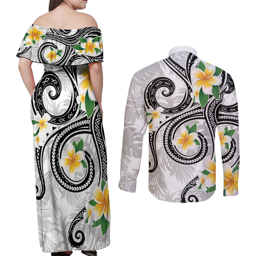 Kanaka Maoli Hawaii Plumeria Couples Matching Off Shoulder Maxi Dress and Long Sleeve Button Shirt Dancing Tentacles White Style LT7 - Polynesian Pride