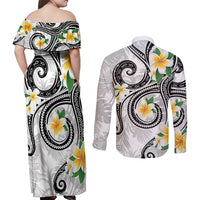 Kanaka Maoli Hawaii Plumeria Couples Matching Off Shoulder Maxi Dress and Long Sleeve Button Shirt Dancing Tentacles White Style LT7 - Polynesian Pride