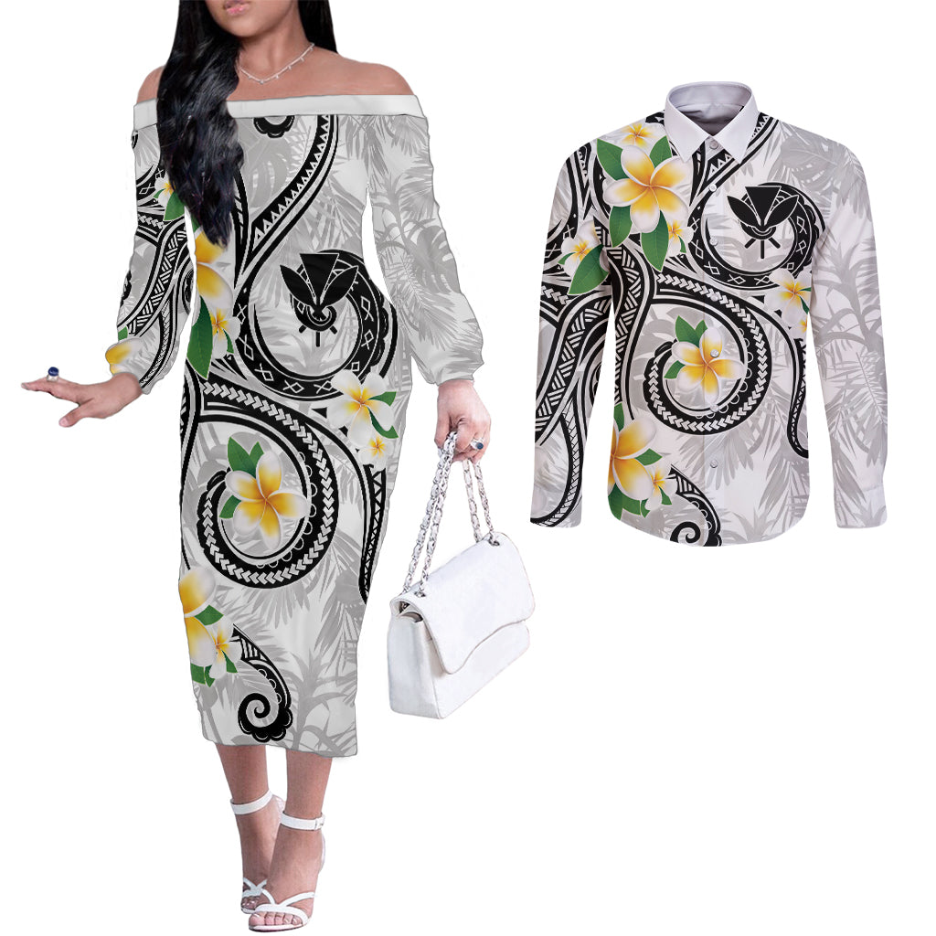 Kanaka Maoli Hawaii Plumeria Couples Matching Off The Shoulder Long Sleeve Dress and Long Sleeve Button Shirt Dancing Tentacles White Style LT7 White - Polynesian Pride