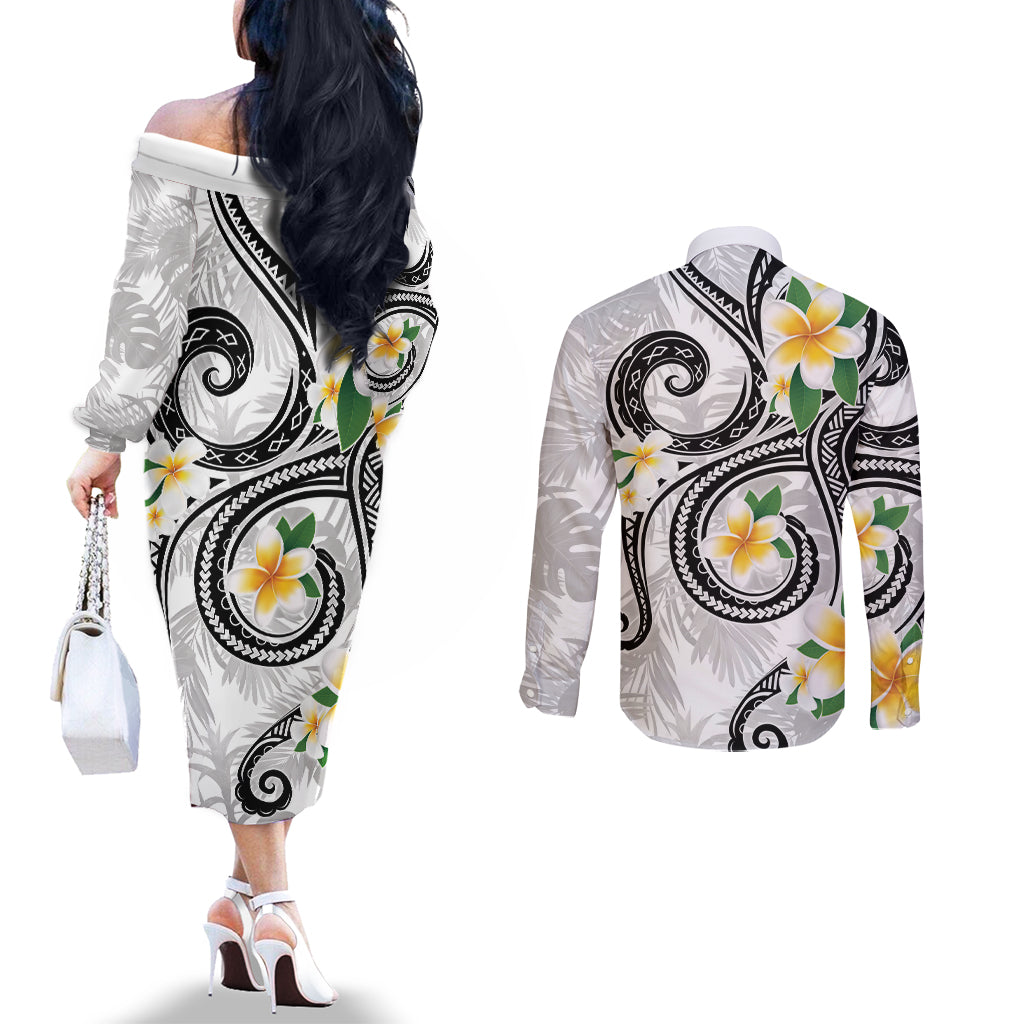 Kanaka Maoli Hawaii Plumeria Couples Matching Off The Shoulder Long Sleeve Dress and Long Sleeve Button Shirt Dancing Tentacles White Style LT7 - Polynesian Pride