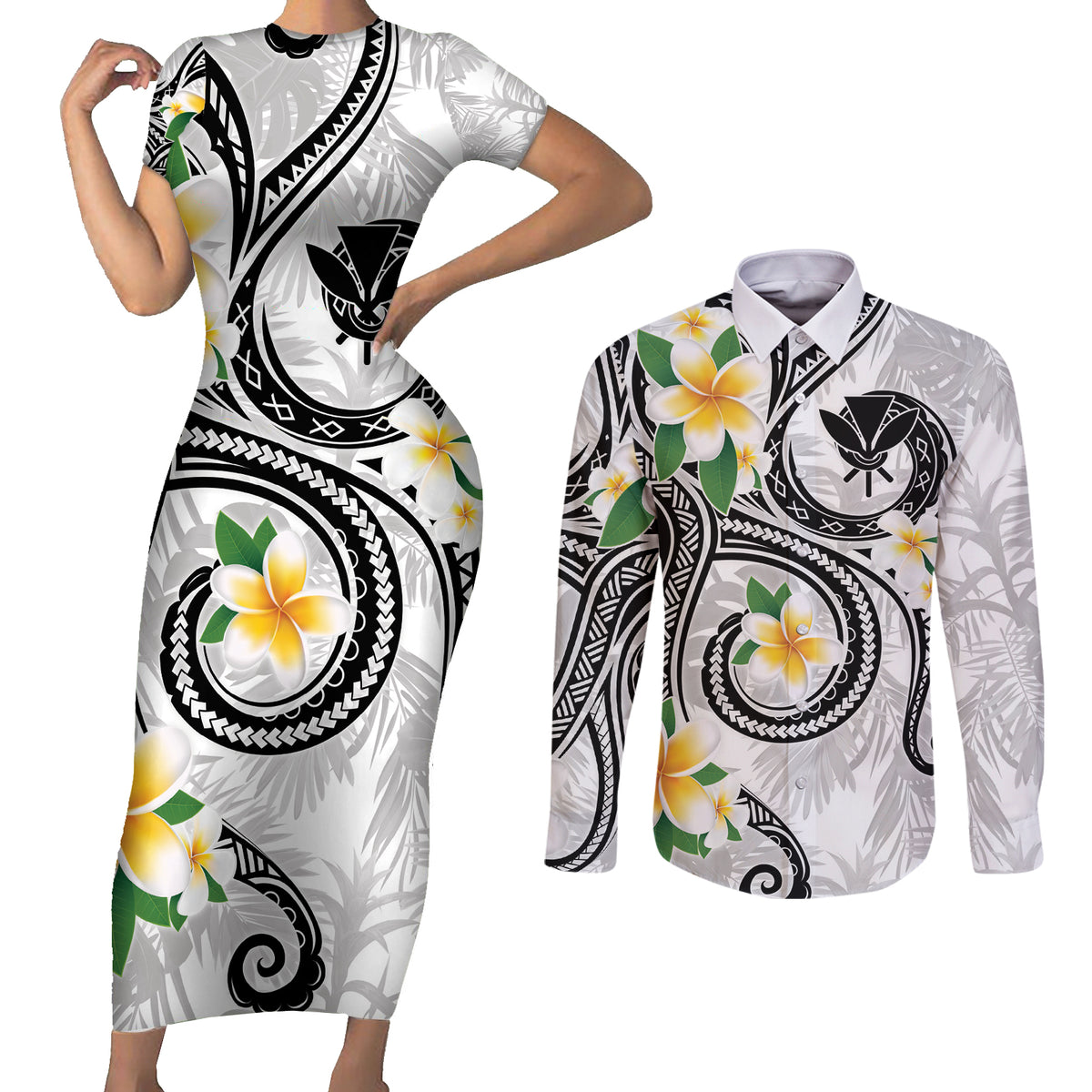 Kanaka Maoli Hawaii Plumeria Couples Matching Short Sleeve Bodycon Dress and Long Sleeve Button Shirt Dancing Tentacles White Style LT7 White - Polynesian Pride