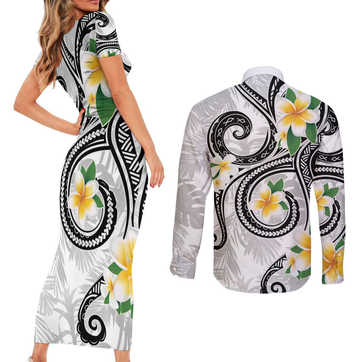 Kanaka Maoli Hawaii Plumeria Couples Matching Short Sleeve Bodycon Dress and Long Sleeve Button Shirt Dancing Tentacles White Style LT7 - Polynesian Pride