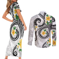 Kanaka Maoli Hawaii Plumeria Couples Matching Short Sleeve Bodycon Dress and Long Sleeve Button Shirt Dancing Tentacles White Style LT7 - Polynesian Pride