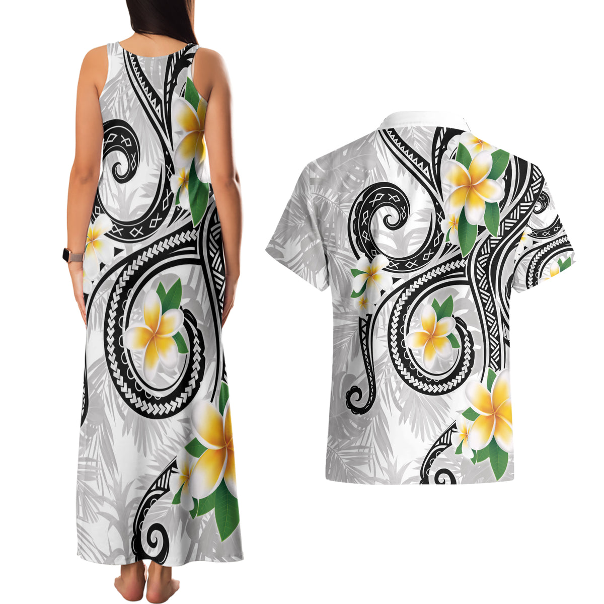 Kanaka Maoli Hawaii Plumeria Couples Matching Tank Maxi Dress and Hawaiian Shirt Dancing Tentacles White Style LT7 - Polynesian Pride