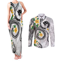 Kanaka Maoli Hawaii Plumeria Couples Matching Tank Maxi Dress and Long Sleeve Button Shirt Dancing Tentacles White Style LT7 White - Polynesian Pride
