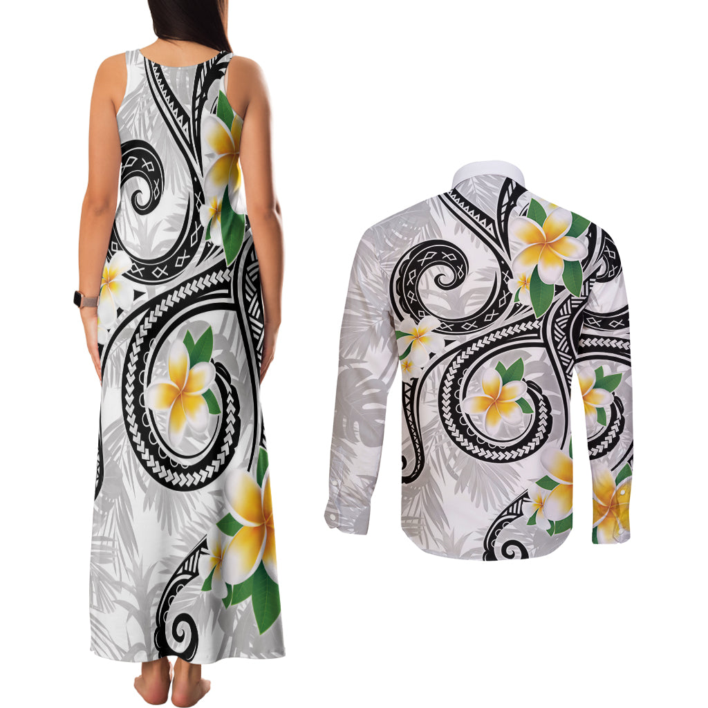 Kanaka Maoli Hawaii Plumeria Couples Matching Tank Maxi Dress and Long Sleeve Button Shirt Dancing Tentacles White Style LT7 - Polynesian Pride