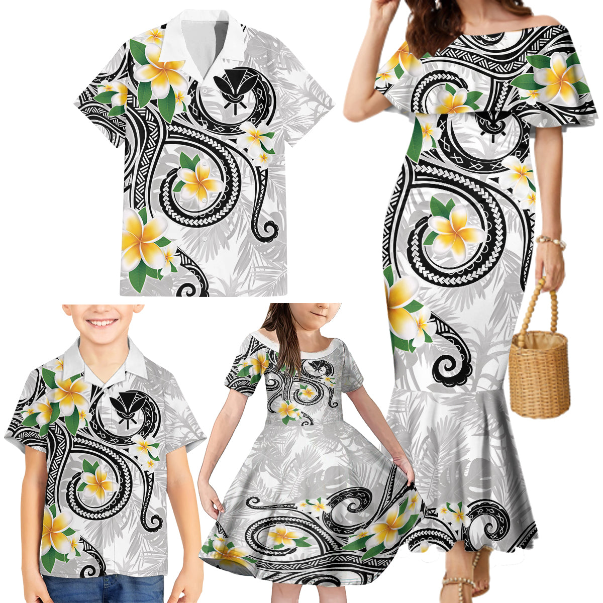 Kanaka Maoli Hawaii Plumeria Family Matching Mermaid Dress and Hawaiian Shirt Dancing Tentacles White Style LT7 - Polynesian Pride