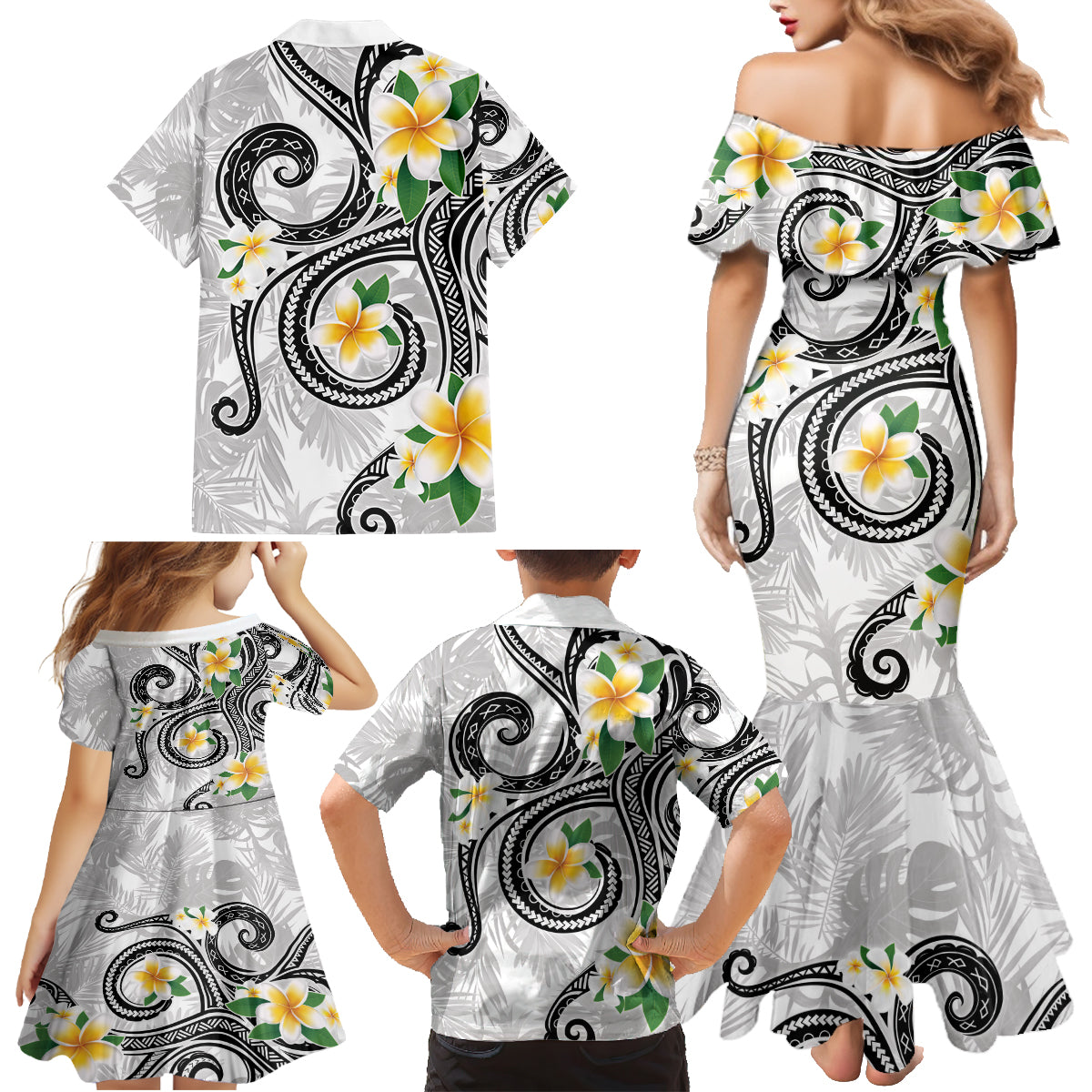 Kanaka Maoli Hawaii Plumeria Family Matching Mermaid Dress and Hawaiian Shirt Dancing Tentacles White Style LT7 - Polynesian Pride