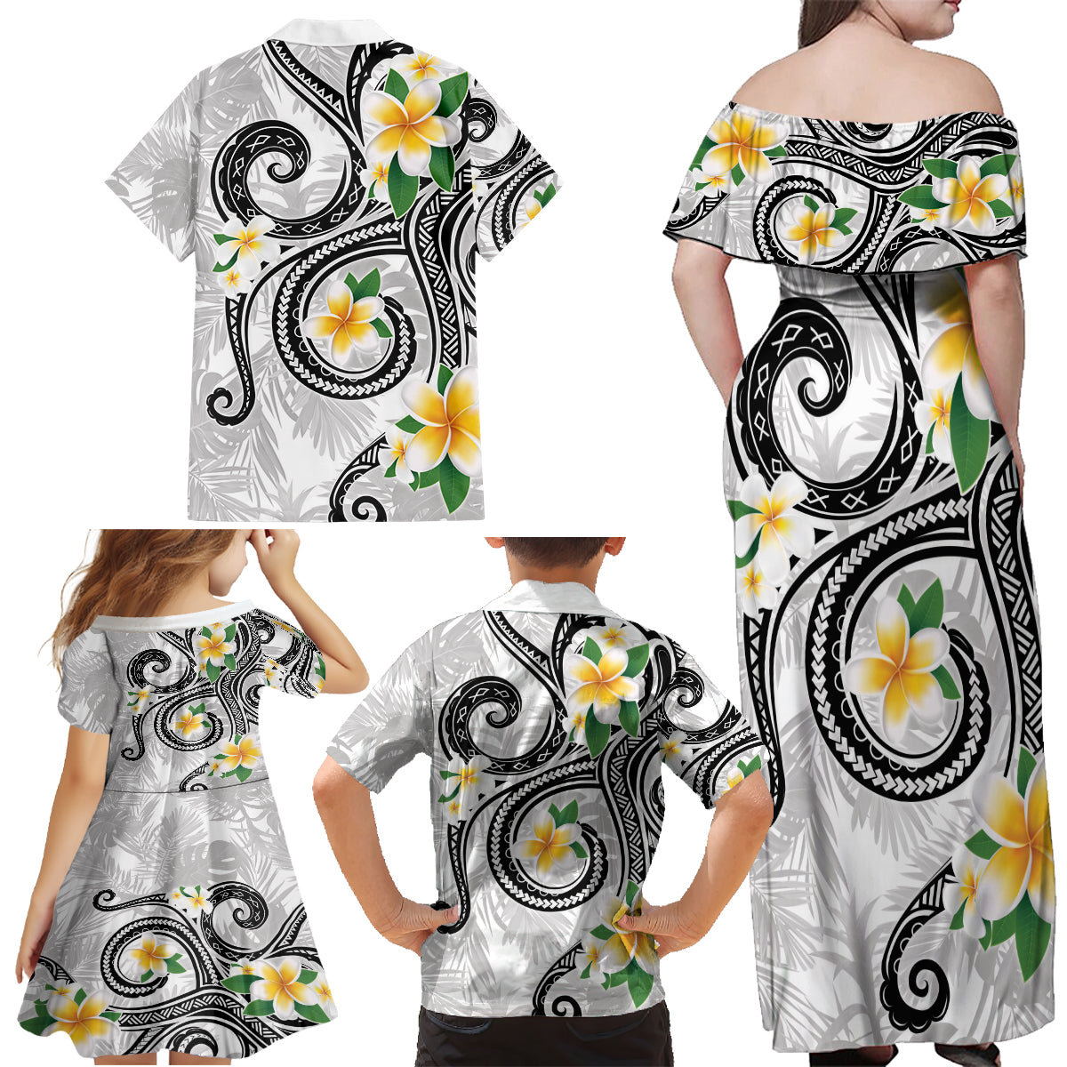 Kanaka Maoli Hawaii Plumeria Family Matching Off Shoulder Maxi Dress and Hawaiian Shirt Dancing Tentacles White Style LT7 - Polynesian Pride