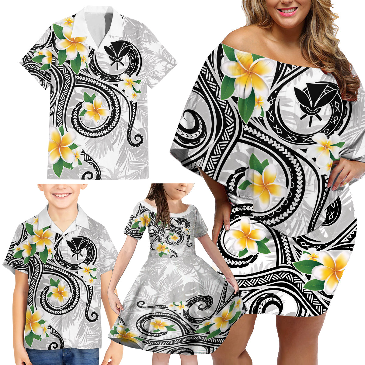 Kanaka Maoli Hawaii Plumeria Family Matching Off Shoulder Short Dress and Hawaiian Shirt Dancing Tentacles White Style LT7 - Polynesian Pride