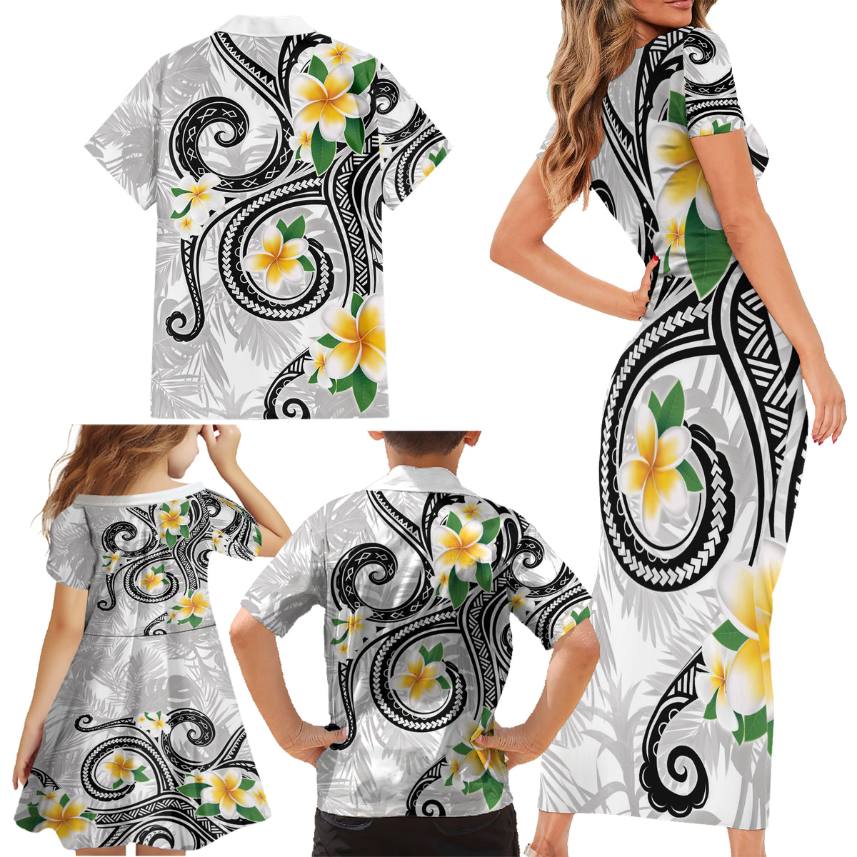 Kanaka Maoli Hawaii Plumeria Family Matching Short Sleeve Bodycon Dress and Hawaiian Shirt Dancing Tentacles White Style LT7 - Polynesian Pride