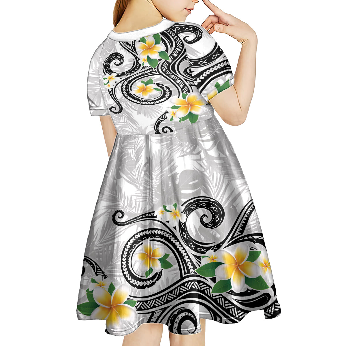 Kanaka Maoli Hawaii Plumeria Kid Short Sleeve Dress Dancing Tentacles White Style
