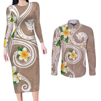 Kanaka Maoli Hawaii Plumeria Couples Matching Long Sleeve Bodycon Dress and Long Sleeve Button Shirt Dancing Tentacles Beige Style LT7 Beige - Polynesian Pride