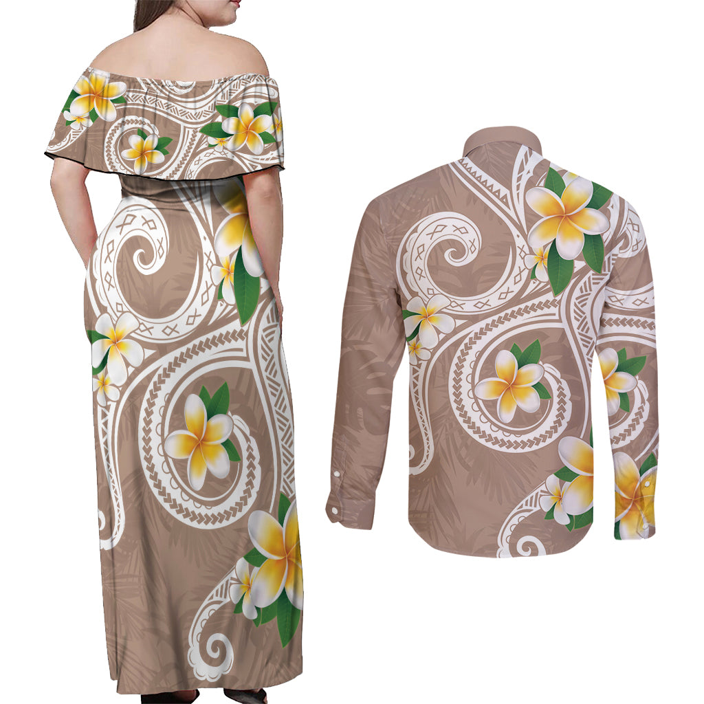 Kanaka Maoli Hawaii Plumeria Couples Matching Off Shoulder Maxi Dress and Long Sleeve Button Shirt Dancing Tentacles Beige Style LT7 - Polynesian Pride