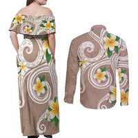 Kanaka Maoli Hawaii Plumeria Couples Matching Off Shoulder Maxi Dress and Long Sleeve Button Shirt Dancing Tentacles Beige Style LT7 - Polynesian Pride
