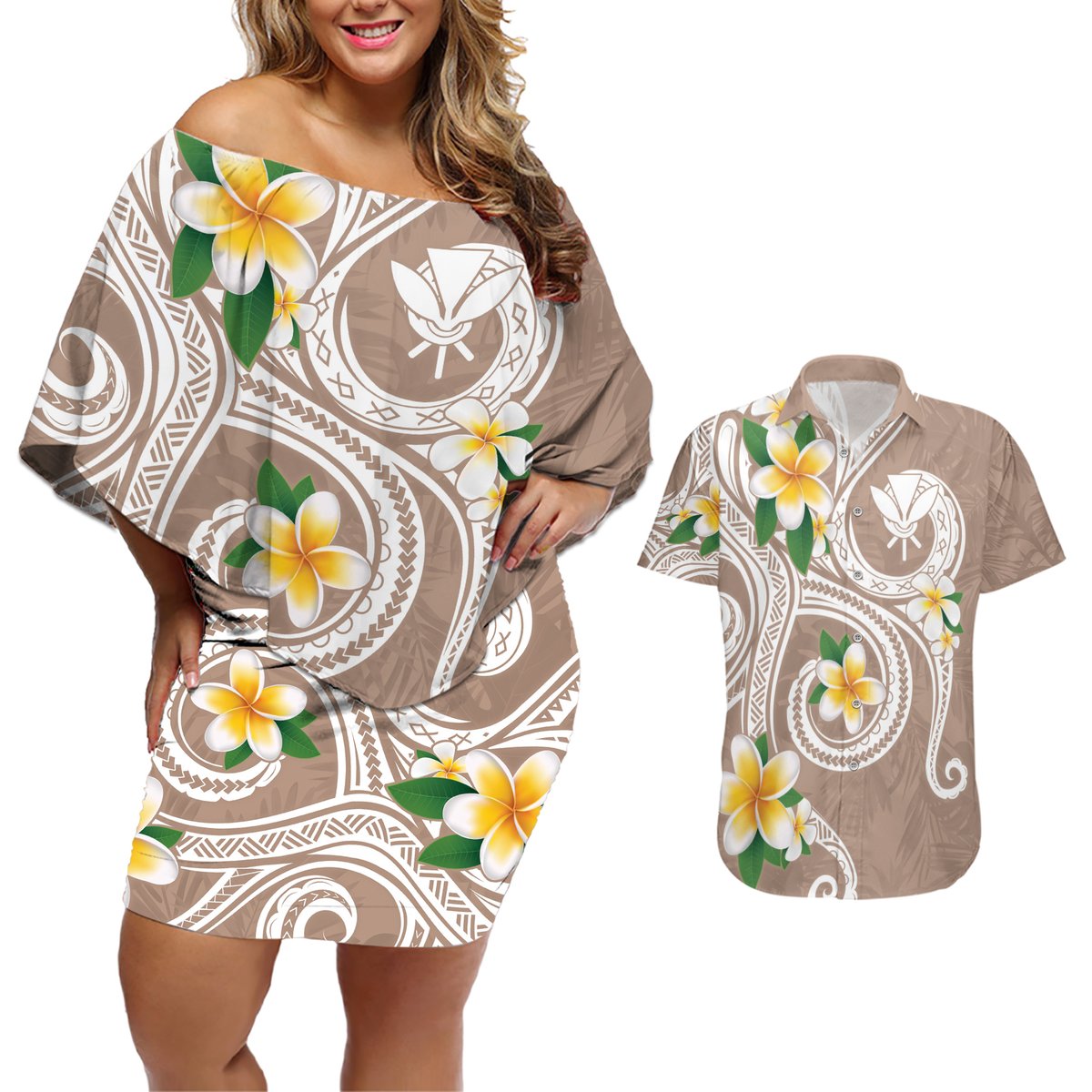 Kanaka Maoli Hawaii Plumeria Couples Matching Off Shoulder Short Dress and Hawaiian Shirt Dancing Tentacles Beige Style LT7 Beige - Polynesian Pride