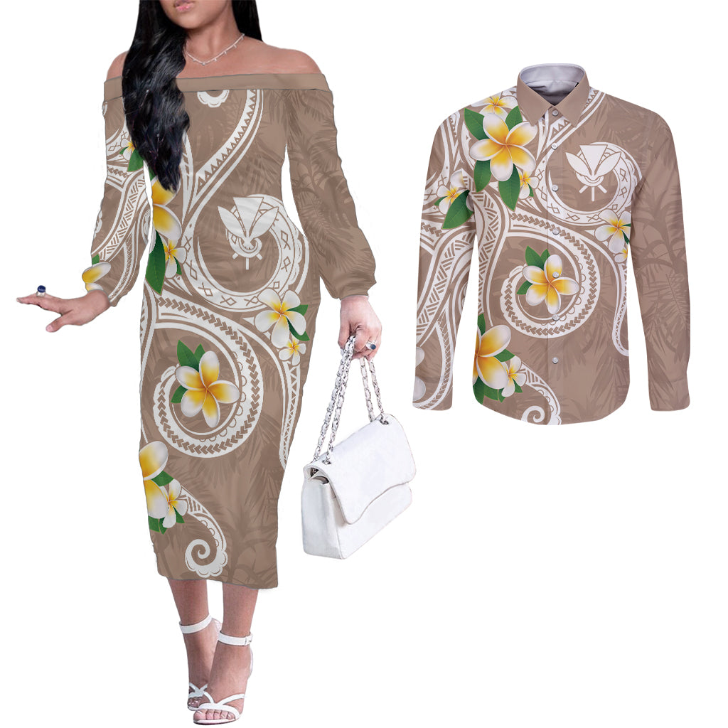 Kanaka Maoli Hawaii Plumeria Couples Matching Off The Shoulder Long Sleeve Dress and Long Sleeve Button Shirt Dancing Tentacles Beige Style LT7 Beige - Polynesian Pride