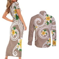 Kanaka Maoli Hawaii Plumeria Couples Matching Short Sleeve Bodycon Dress and Long Sleeve Button Shirt Dancing Tentacles Beige Style LT7 - Polynesian Pride