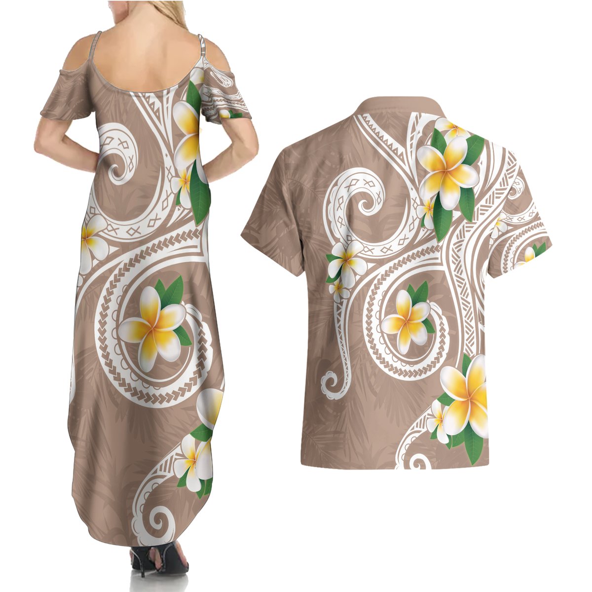 Kanaka Maoli Hawaii Plumeria Couples Matching Summer Maxi Dress and Hawaiian Shirt Dancing Tentacles Beige Style LT7 - Polynesian Pride