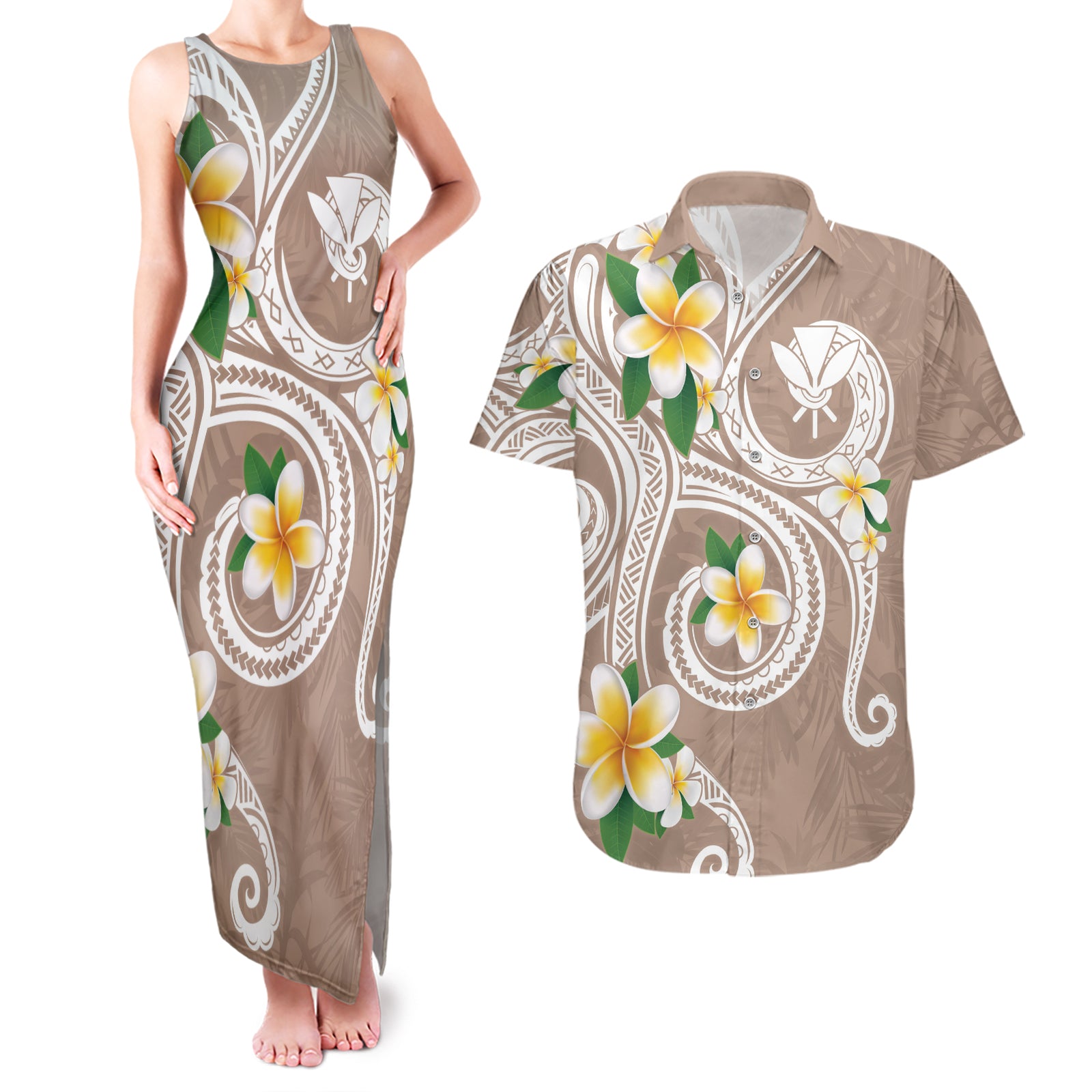 Kanaka Maoli Hawaii Plumeria Couples Matching Tank Maxi Dress and Hawaiian Shirt Dancing Tentacles Beige Style