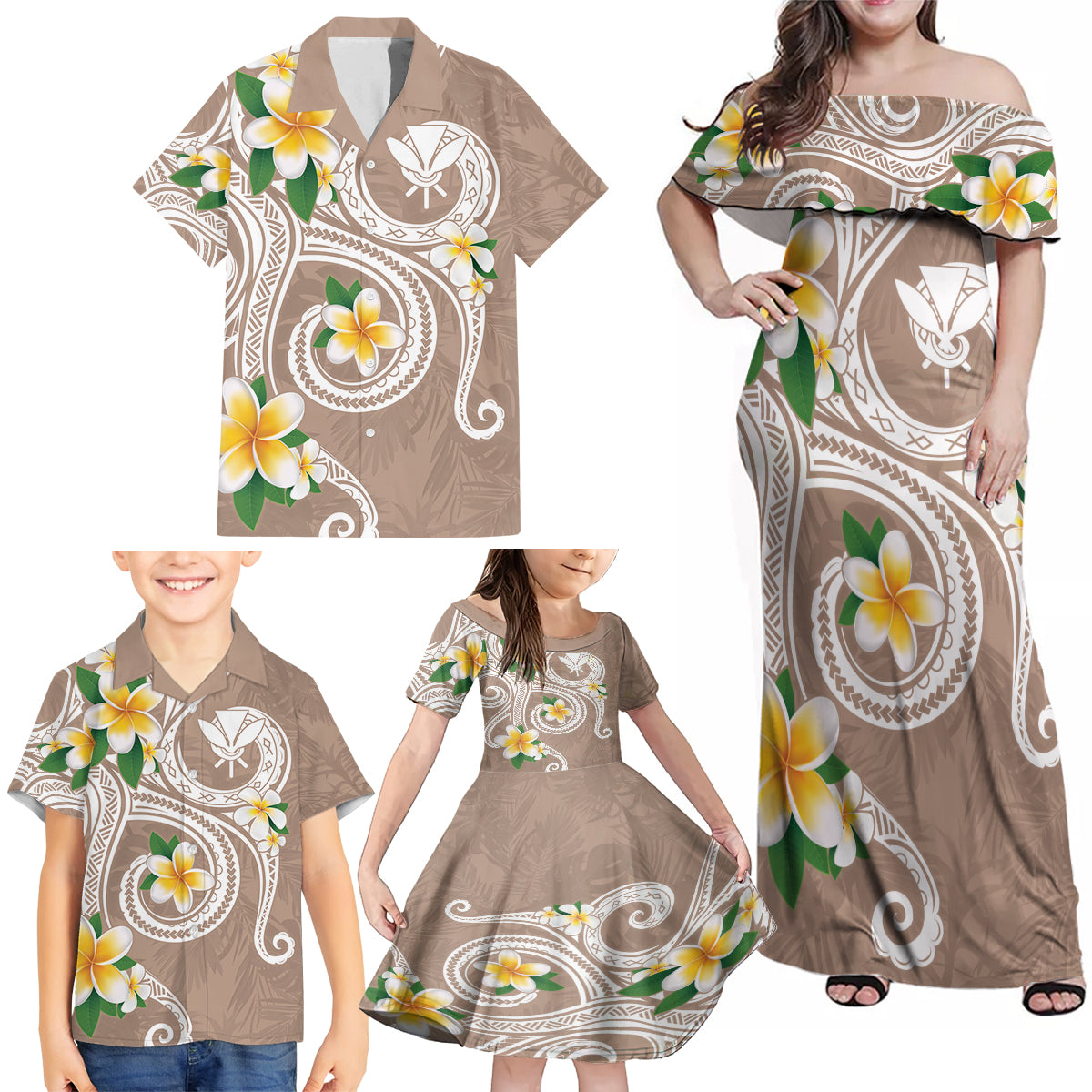 Kanaka Maoli Hawaii Plumeria Family Matching Off Shoulder Maxi Dress and Hawaiian Shirt Dancing Tentacles Beige Style LT7 - Polynesian Pride