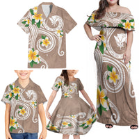 Kanaka Maoli Hawaii Plumeria Family Matching Off Shoulder Maxi Dress and Hawaiian Shirt Dancing Tentacles Beige Style LT7 - Polynesian Pride