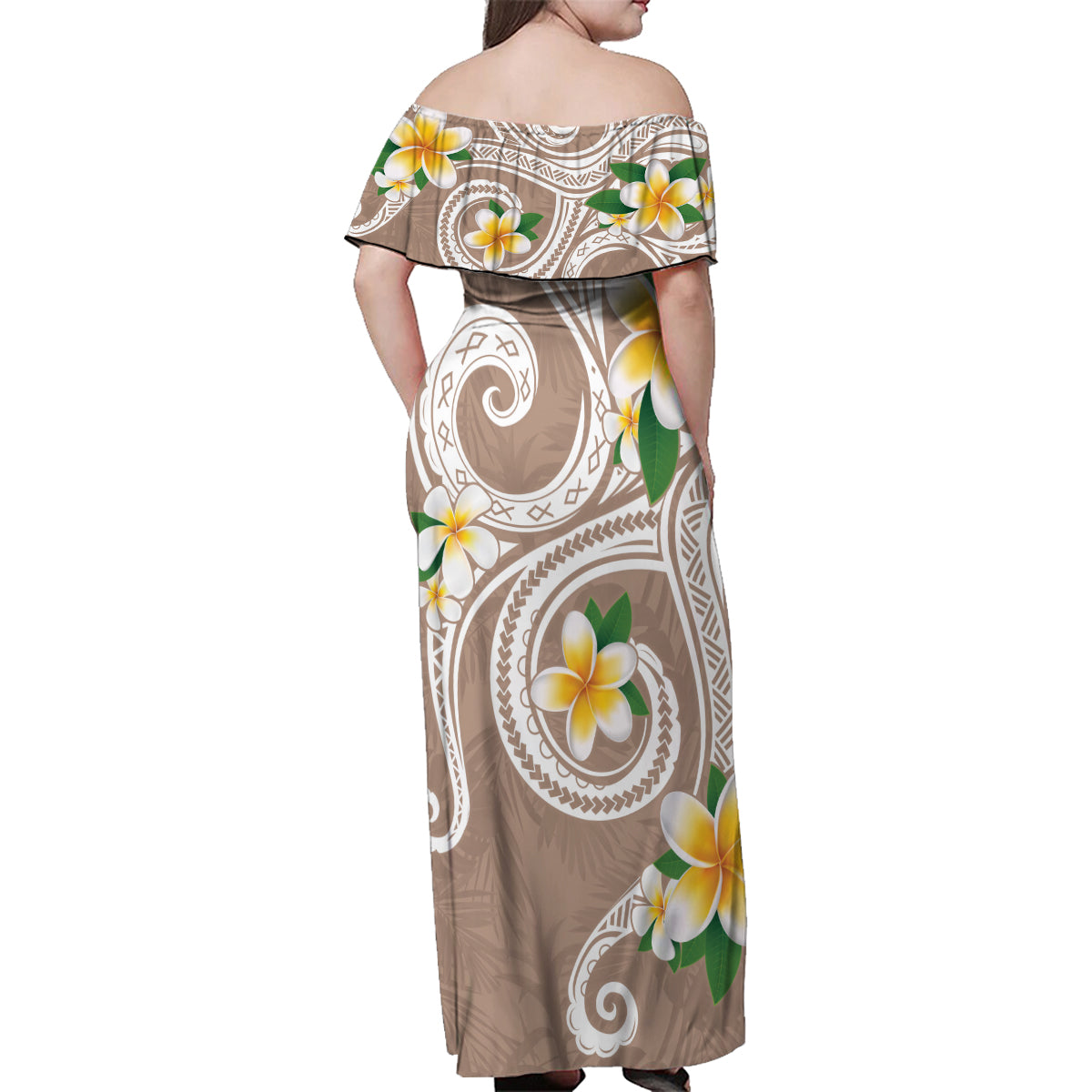Kanaka Maoli Hawaii Plumeria Family Matching Off Shoulder Maxi Dress and Hawaiian Shirt Dancing Tentacles Beige Style LT7 - Polynesian Pride