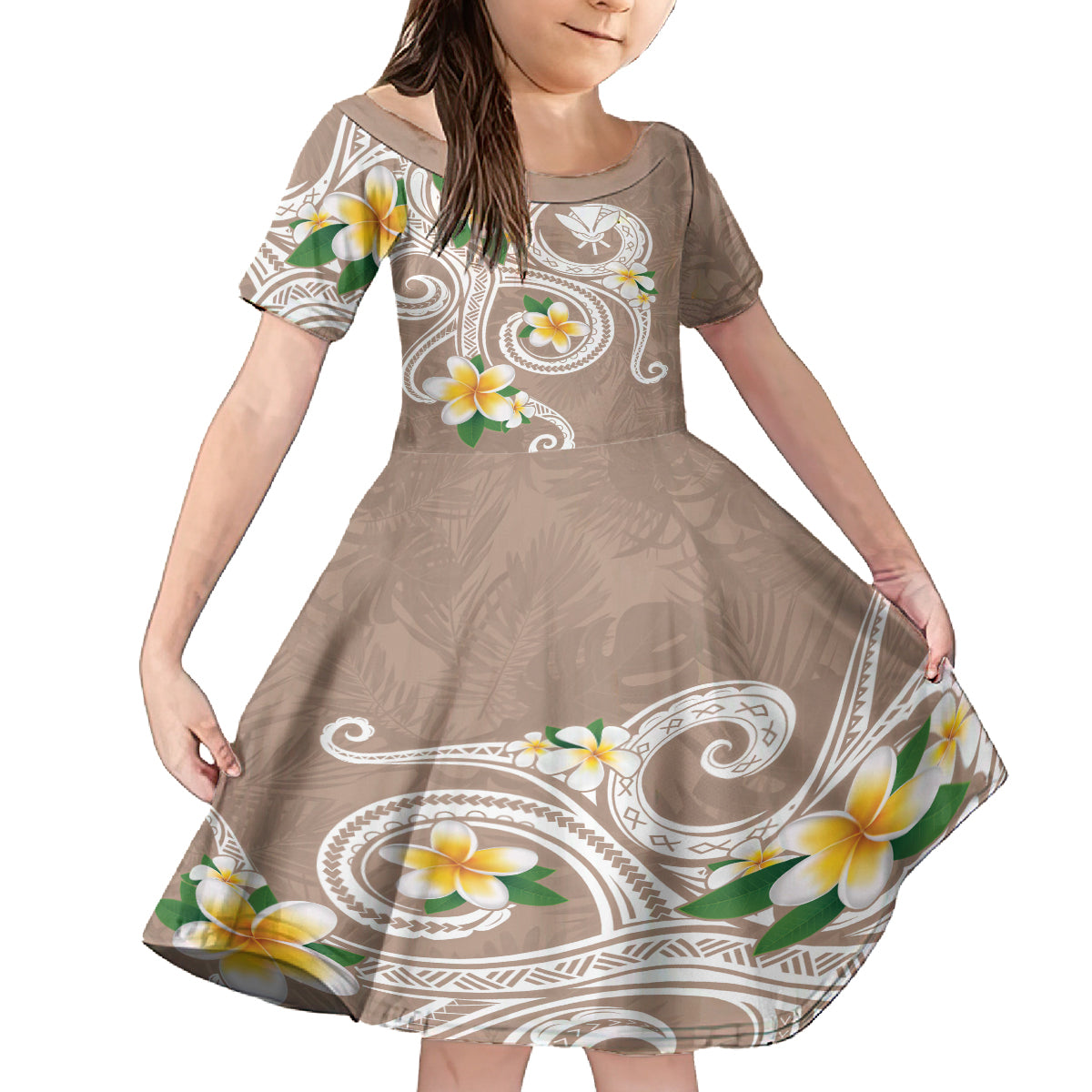Kanaka Maoli Hawaii Plumeria Family Matching Off Shoulder Short Dress and Hawaiian Shirt Dancing Tentacles Beige Style LT7 Daughter's Dress Beige - Polynesian Pride