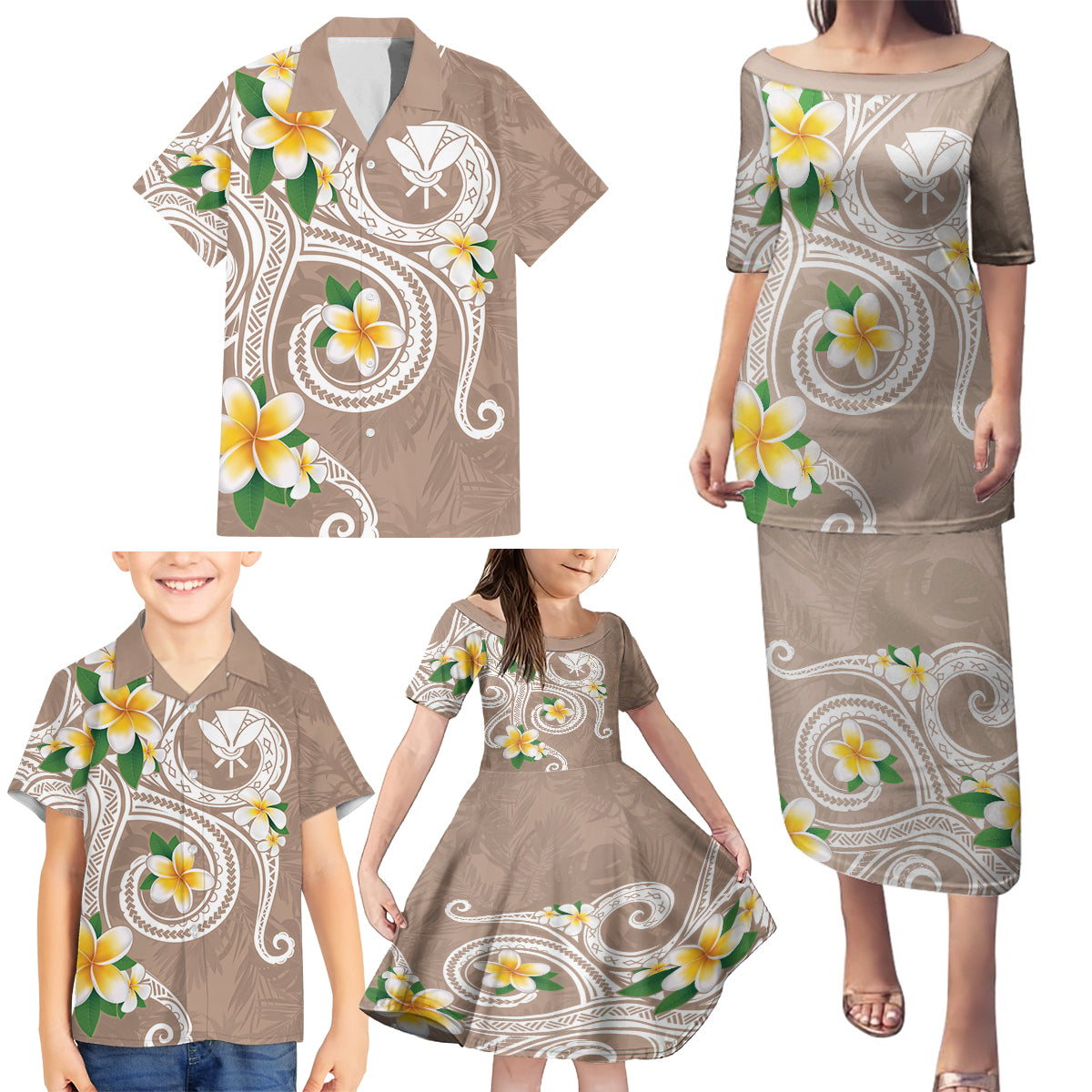 Kanaka Maoli Hawaii Plumeria Family Matching Puletasi and Hawaiian Shirt Dancing Tentacles Beige Style LT7 - Polynesian Pride