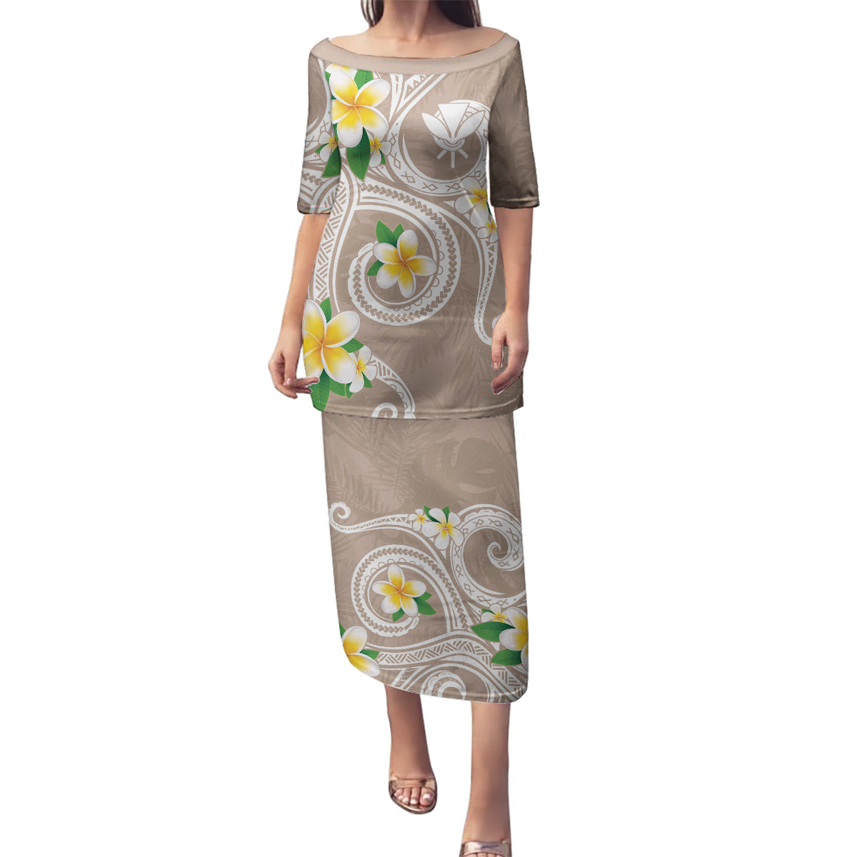 Kanaka Maoli Hawaii Plumeria Family Matching Puletasi and Hawaiian Shirt Dancing Tentacles Beige Style LT7 Mom's Dress Beige - Polynesian Pride