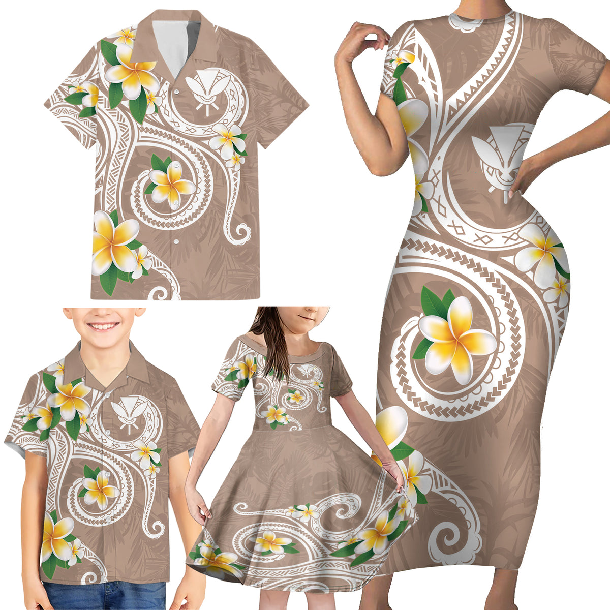 Kanaka Maoli Hawaii Plumeria Family Matching Short Sleeve Bodycon Dress and Hawaiian Shirt Dancing Tentacles Beige Style LT7 - Polynesian Pride