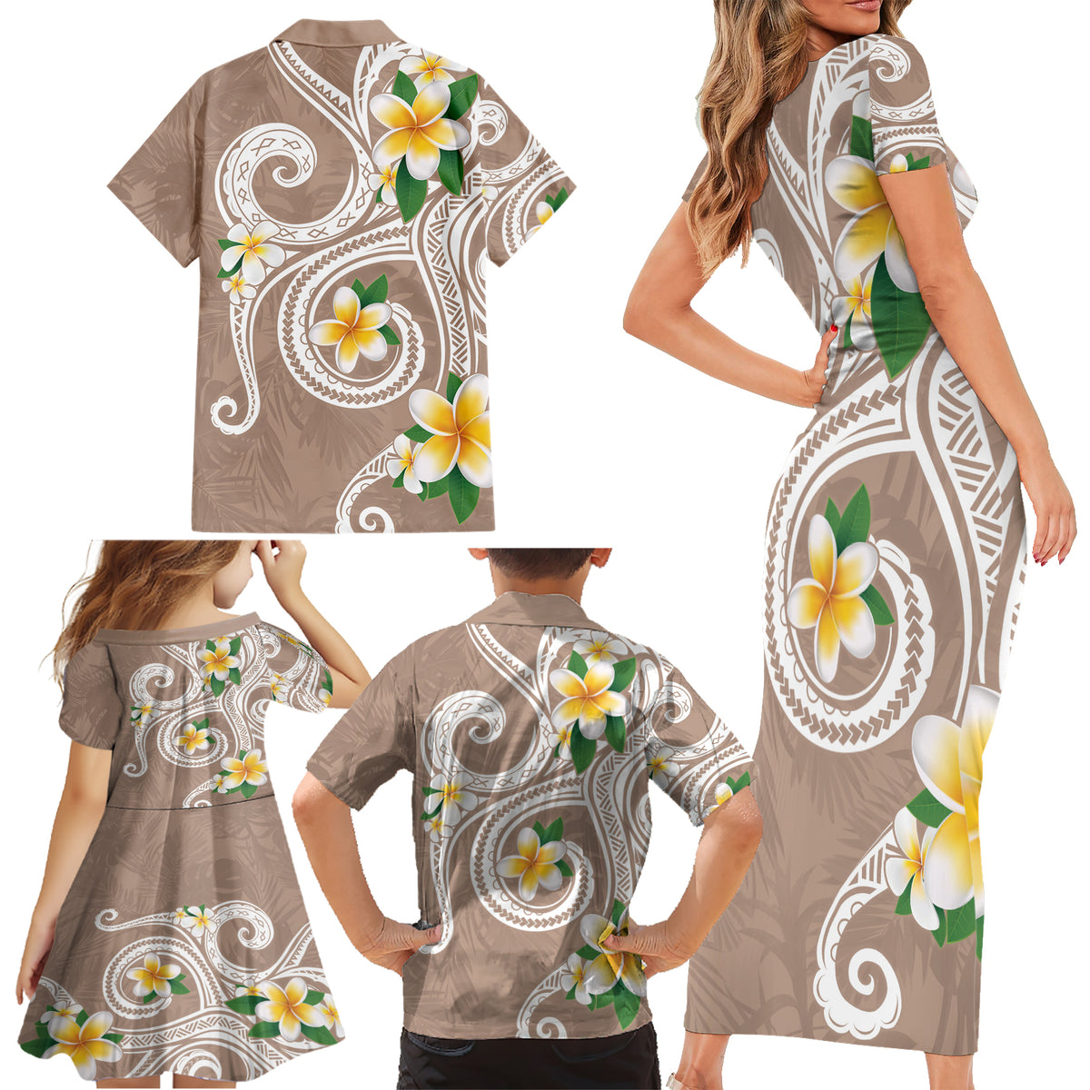 Kanaka Maoli Hawaii Plumeria Family Matching Short Sleeve Bodycon Dress and Hawaiian Shirt Dancing Tentacles Beige Style LT7 - Polynesian Pride