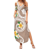 Kanaka Maoli Hawaii Plumeria Family Matching Summer Maxi Dress and Hawaiian Shirt Dancing Tentacles Beige Style LT7 Mom's Dress Beige - Polynesian Pride