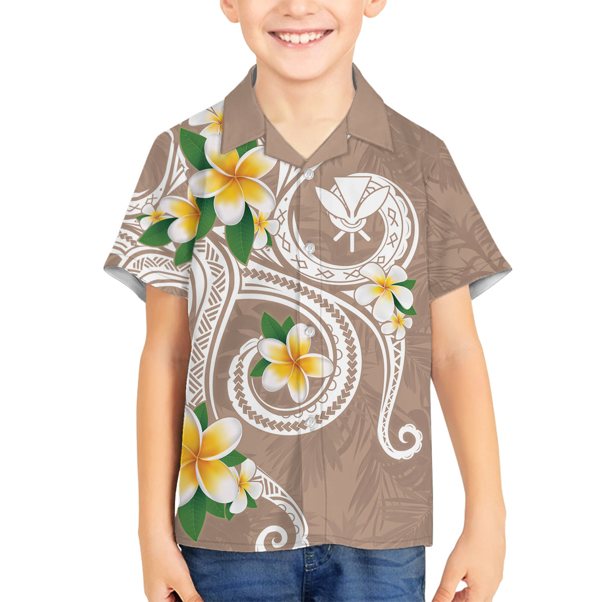 Kanaka Maoli Hawaii Plumeria Family Matching Tank Maxi Dress and Hawaiian Shirt Dancing Tentacles Beige Style LT7 Son's Shirt Beige - Polynesian Pride