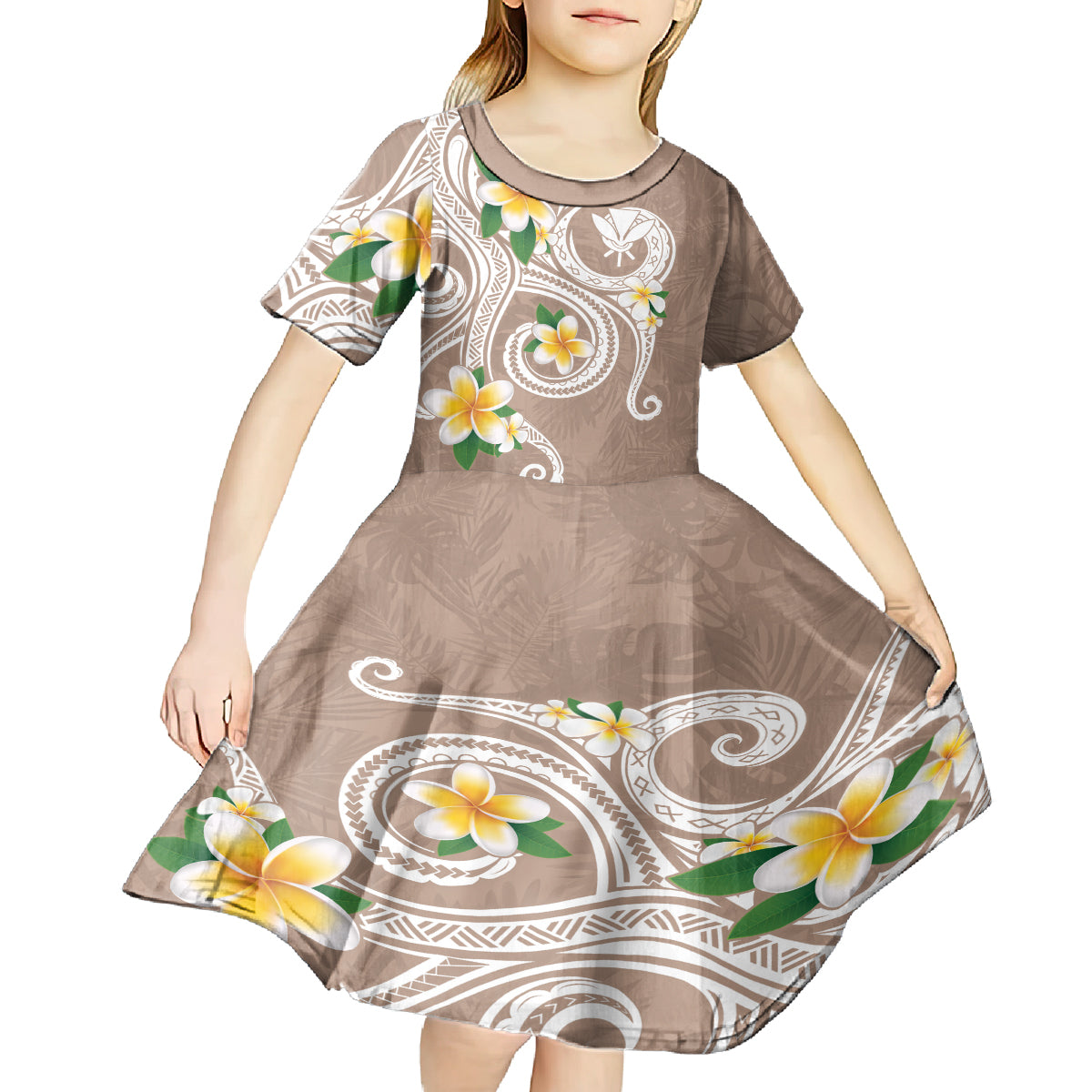 Kanaka Maoli Hawaii Plumeria Kid Short Sleeve Dress Dancing Tentacles Beige Style