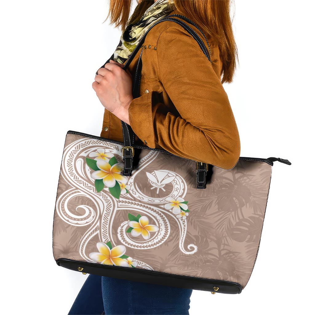 Kanaka Maoli Hawaii Plumeria Leather Tote Bag Dancing Tentacles Beige Style LT7 Beige - Polynesian Pride