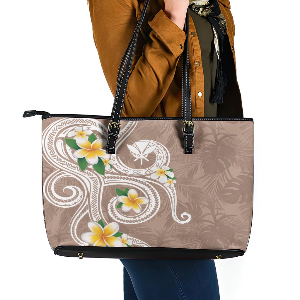 Kanaka Maoli Hawaii Plumeria Leather Tote Bag Dancing Tentacles Beige Style LT7 - Polynesian Pride