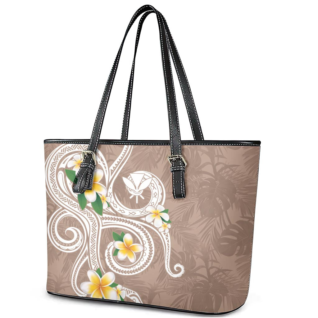Kanaka Maoli Hawaii Plumeria Leather Tote Bag Dancing Tentacles Beige Style LT7 - Polynesian Pride