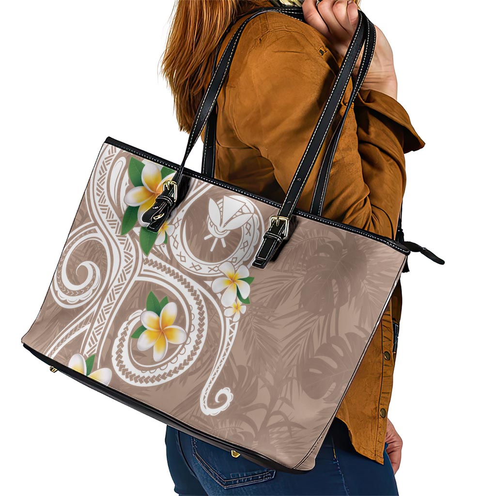 Kanaka Maoli Hawaii Plumeria Leather Tote Bag Dancing Tentacles Beige Style LT7 - Polynesian Pride