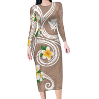 Kanaka Maoli Hawaii Plumeria Long Sleeve Bodycon Dress Dancing Tentacles Beige Style LT7 Long Dress Beige - Polynesian Pride