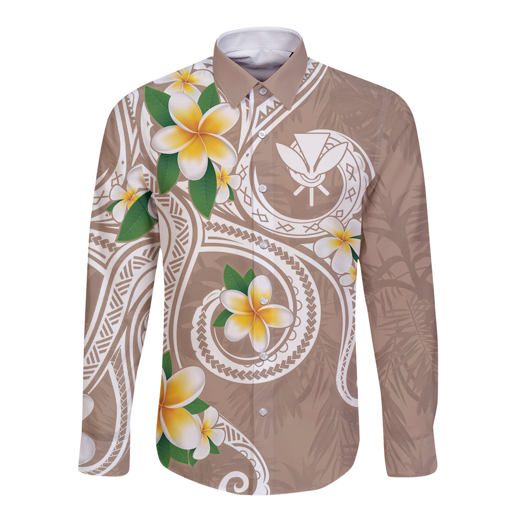 Kanaka Maoli Hawaii Plumeria Long Sleeve Button Shirt Dancing Tentacles Beige Style