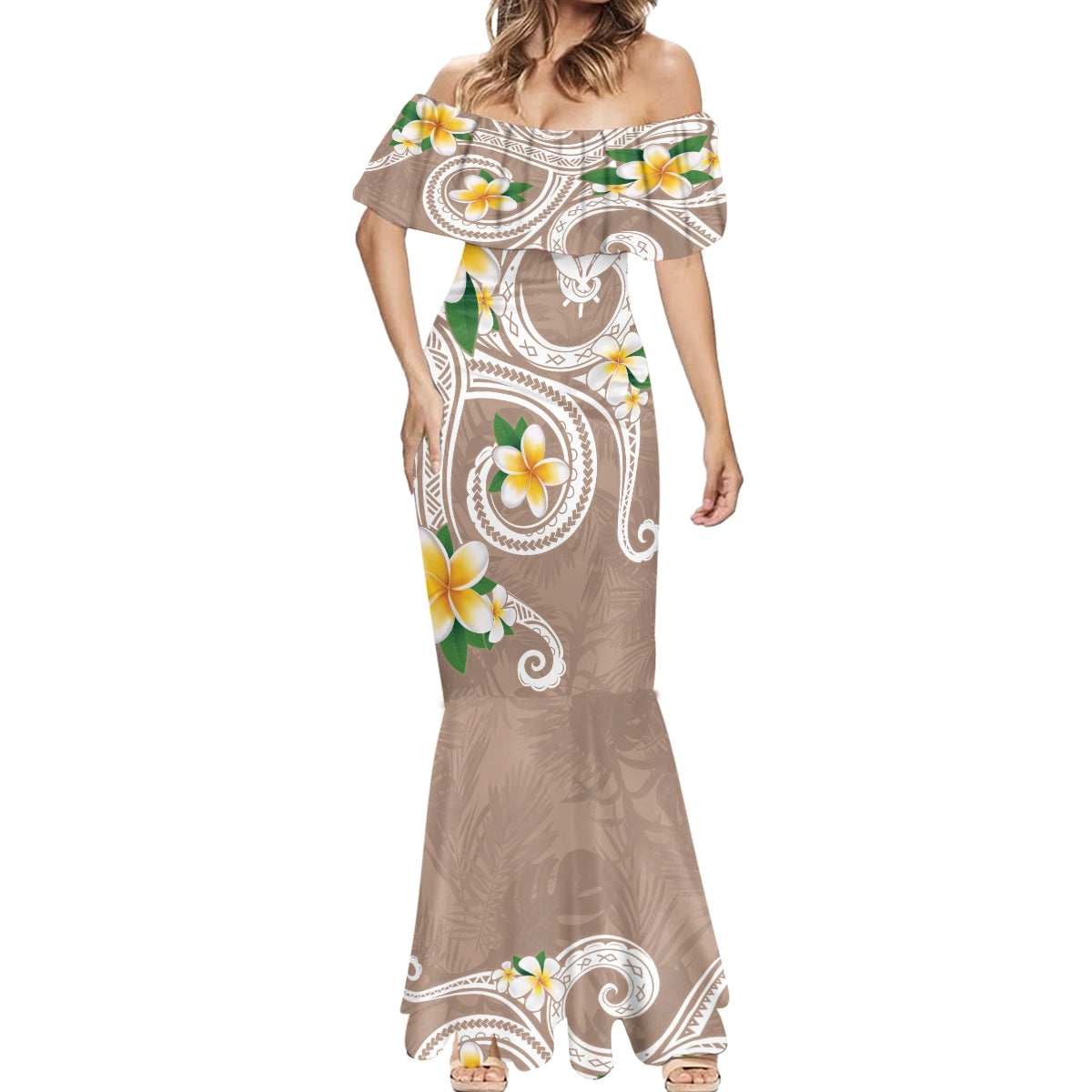 Kanaka Maoli Hawaii Plumeria Mermaid Dress Dancing Tentacles Beige Style