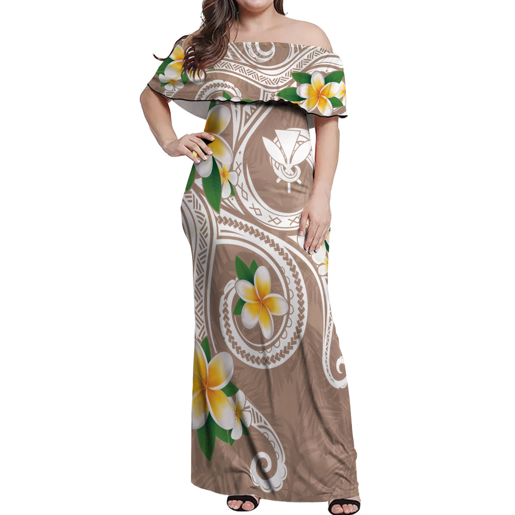 Kanaka Maoli Hawaii Plumeria Off Shoulder Maxi Dress Dancing Tentacles Beige Style