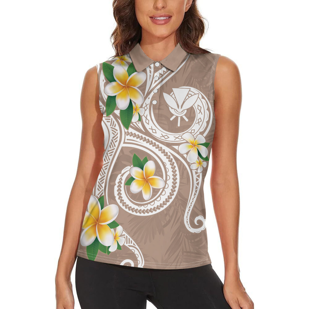 Kanaka Maoli Hawaii Plumeria Women Sleeveless Polo Shirt Dancing Tentacles Beige Style LT7 - Polynesian Pride
