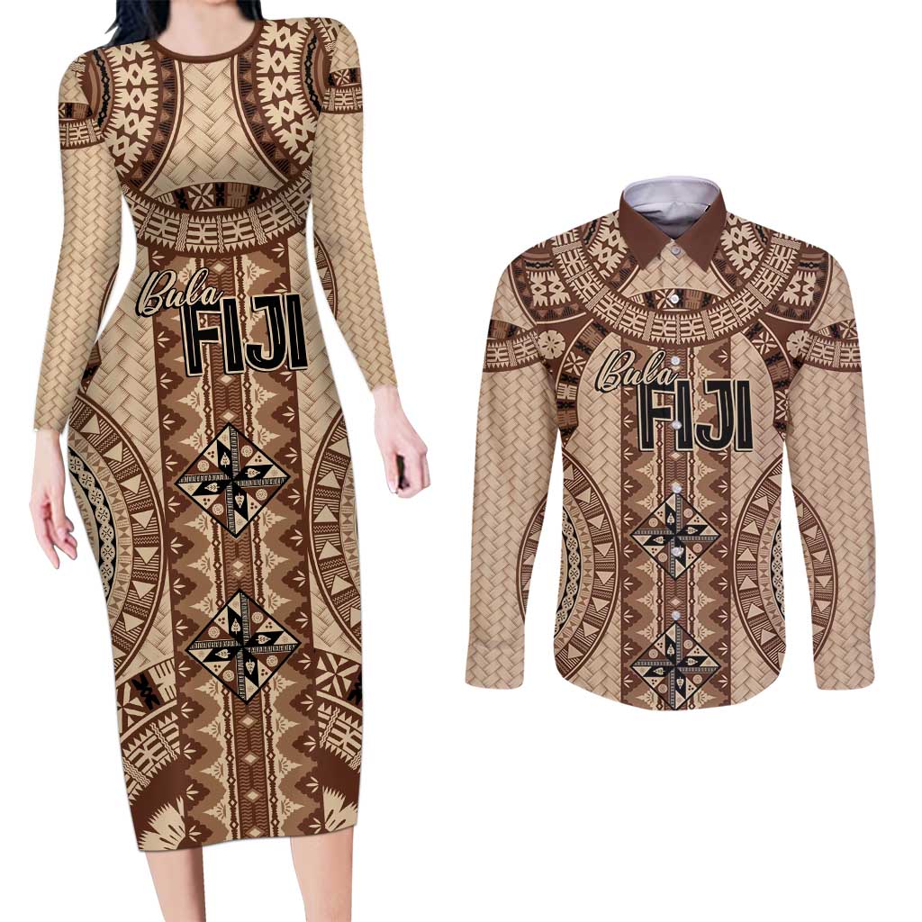 Bula Fiji Vintage Couples Matching Long Sleeve Bodycon Dress and Long Sleeve Button Shirt Brown Masi Motifs