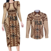 Bula Fiji Vintage Couples Matching Long Sleeve Bodycon Dress and Long Sleeve Button Shirt Brown Masi Motifs